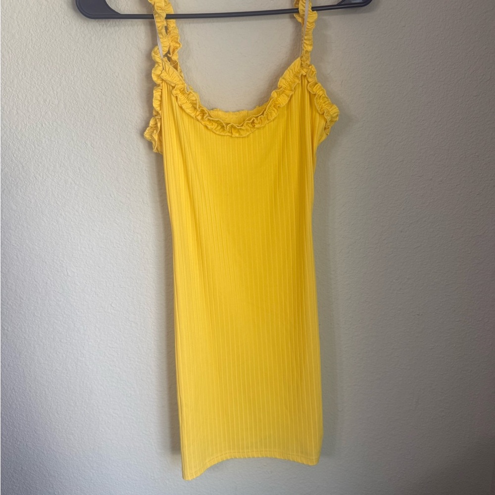 SHEIN Bright Yellow Ribbed Ruffle Strap Slip Dress
